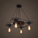 Industrial Style Bare Bulb Pendant Light With Black Finish And Gear Deco – 4 Heads Ceiling Fixture