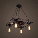 Industrial Style Bare Bulb Pendant Light With Black Finish And Gear Deco – 4 Heads Ceiling Fixture
