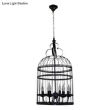 Industrial Style Bird Cage Hanging Light With Candle - Black Metallic Chandelier Lamp For Bedroom