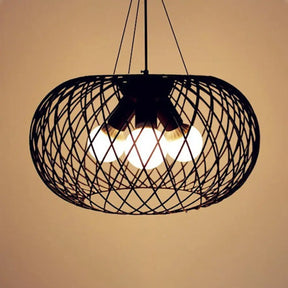 Industrial Style Black Metal Chandelier With Mesh Cage 3 Heads Drum Shade - Hanging Lamp