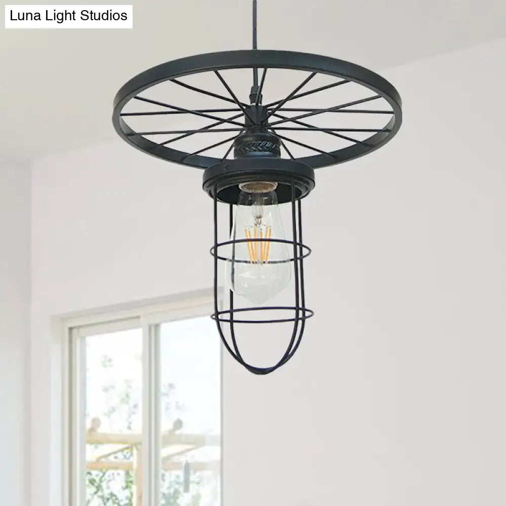Industrial-Style Black Metal Wire Cage Ceiling Fixture Pendant Light With Wheel Deco - Dining Room