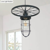 Industrial-Style Black Metal Wire Cage Ceiling Fixture Pendant Light With Wheel Deco - Dining Room