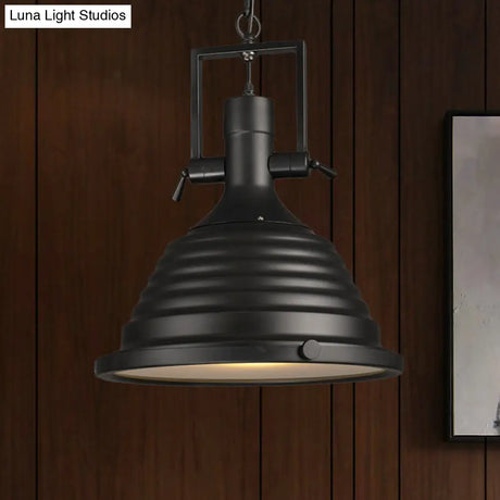 Industrial Style Black Pendant Lamp With Metallic Ripple Shade And Frosted Diffuser - 14’/16’ Width
