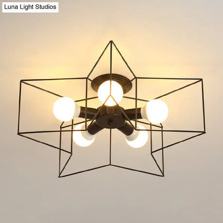 Industrial Style Ceiling Light: 5 - Bulb Flush Mount Fixture With Iron Frame Lampshade - Dining