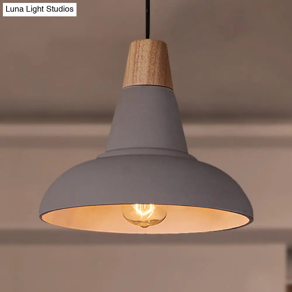 Industrial Style Cement And Wood Pendant Light With Grey/White Bowl Shade