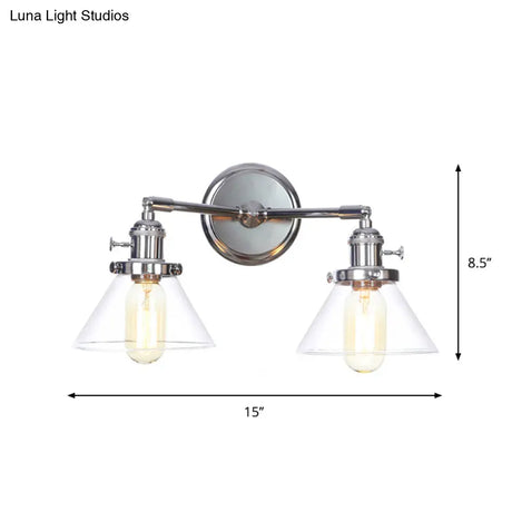 Industrial Style Chrome Wall Sconce With Clear Glass Globe/Cone Wavy Arm - 2 Light Kit For Corridor