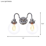 Industrial Style Chrome Wall Sconce With Clear Glass Globe/Cone Wavy Arm - 2 Light Kit For Corridor