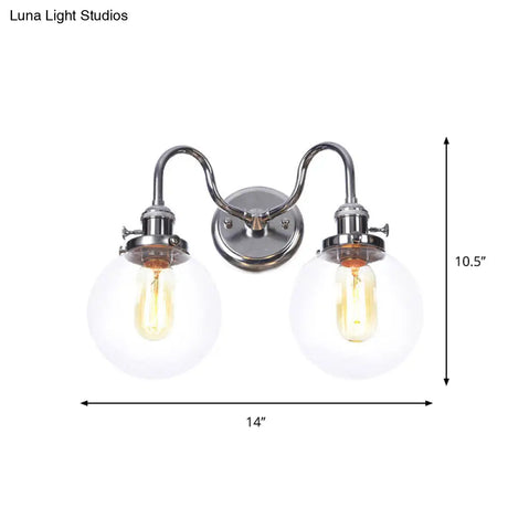 Industrial Style Chrome Wall Sconce With Clear Glass Globe/Cone Wavy Arm - 2 Light Kit For Corridor