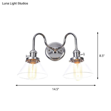 Industrial Style Chrome Wall Sconce With Clear Glass Globe/Cone Wavy Arm - 2 Light Kit For Corridor