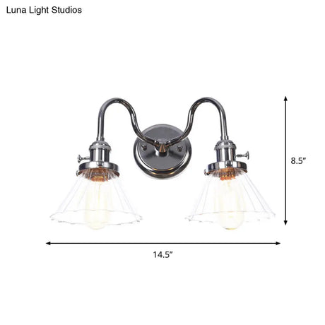 Industrial Style Chrome Wall Sconce With Clear Glass Globe/Cone Wavy Arm - 2 Light Kit For Corridor