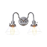 Industrial Style Chrome Wall Sconce With Clear Glass Globe/Cone Wavy Arm - 2 Light Kit For Corridor