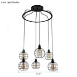 Industrial Style Global Hanging Lamp - 6-Bulb Metallic Suspended Light In Black With Wire Cage Shade