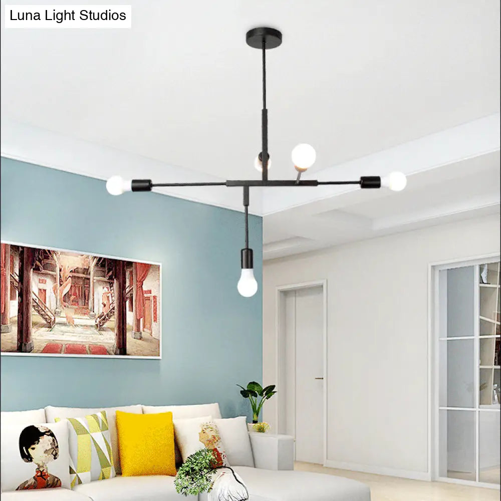 Industrial Style Iron 5-Light Hanging Chandelier With Exposed Bulbs - Black Finish For Living Room