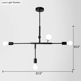 Industrial Style Iron 5-Light Hanging Chandelier With Exposed Bulbs - Black Finish For Living Room