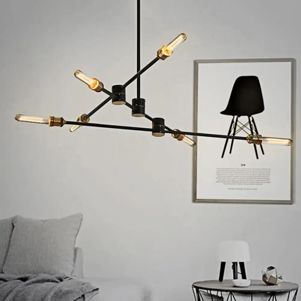 Industrial Style Linear Chandelier Light - 6-Light Metallic Ceiling Fixture in Black for Living Room Black