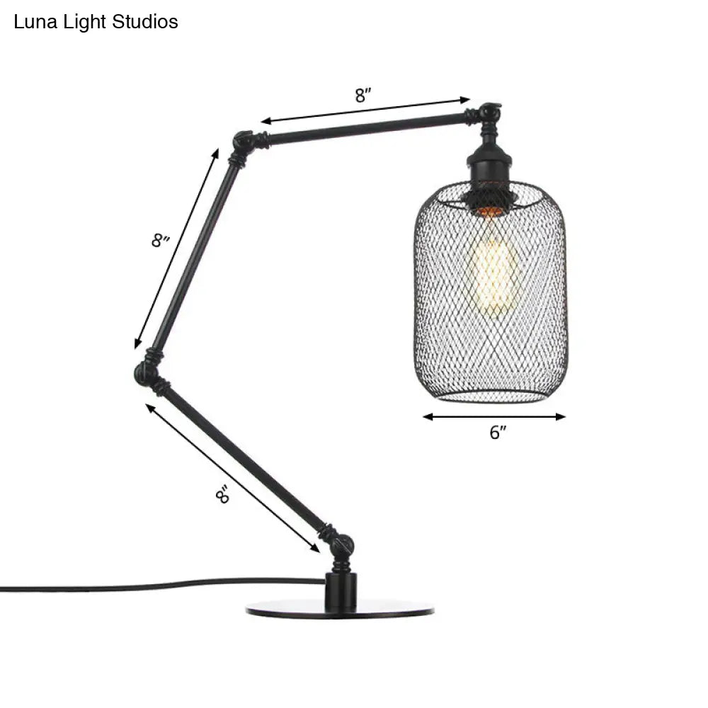 Industrial Style Metal Cylindrical Table Light With Adjustable Black/Brass Finish And Mesh Screen