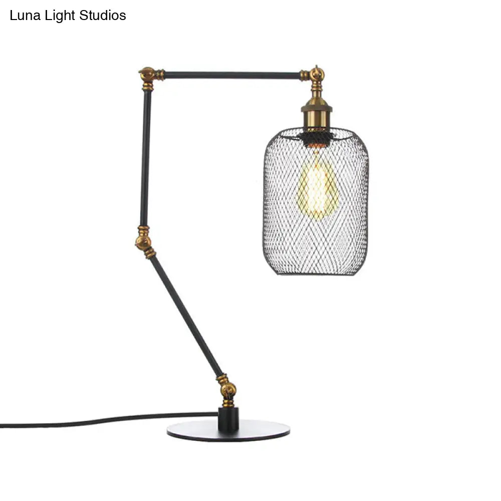Industrial Style Metal Cylindrical Table Light With Adjustable Black/Brass Finish And Mesh Screen