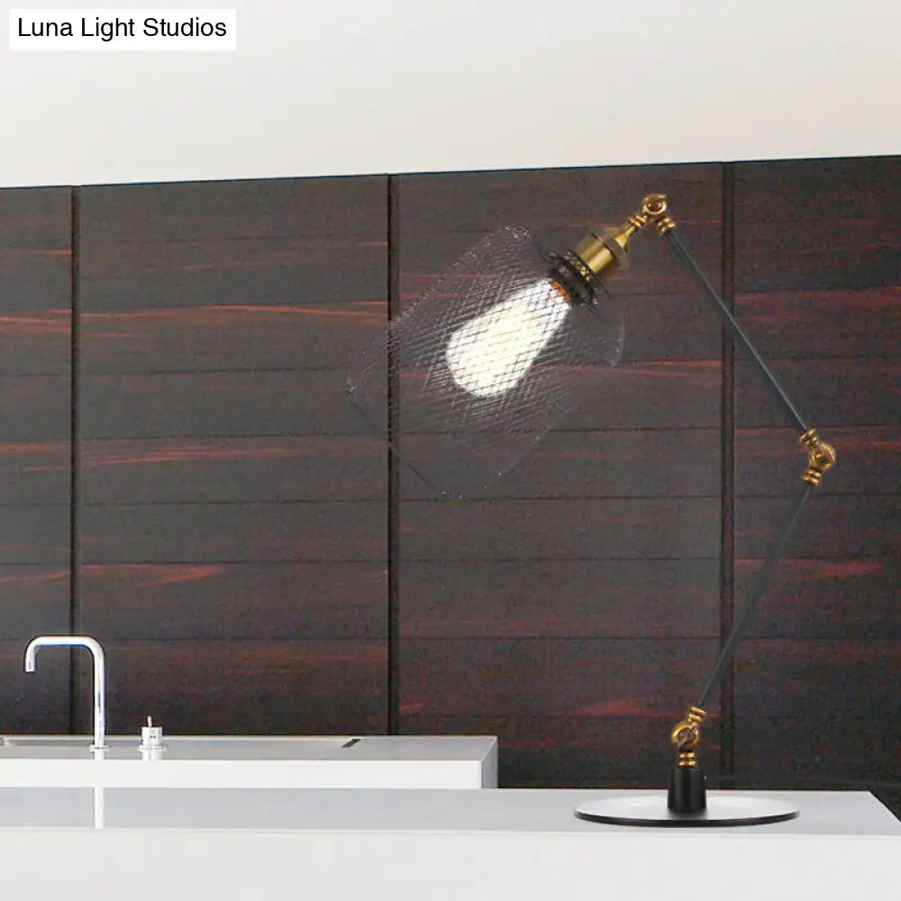 Industrial Style Metal Cylindrical Table Light With Adjustable Black/Brass Finish And Mesh Screen