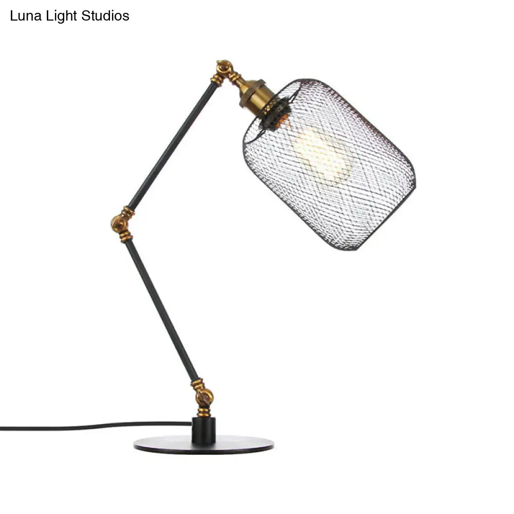 Industrial Style Metal Cylindrical Table Light With Adjustable Black/Brass Finish And Mesh Screen