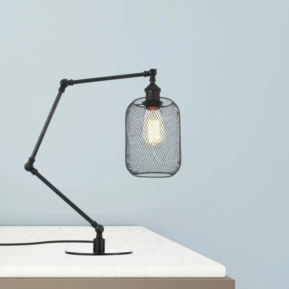 Industrial Style Metal Cylindrical Table Light With Adjustable Black/Brass Finish And Mesh Screen