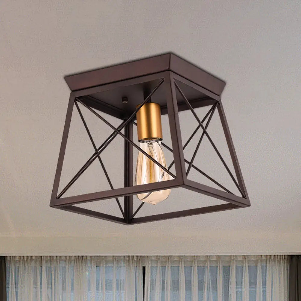 Industrial Style Metal Flush Ceiling Light Fixture - 10’/12’ Wide 2 Bulbs Coffee Tone Ideal For