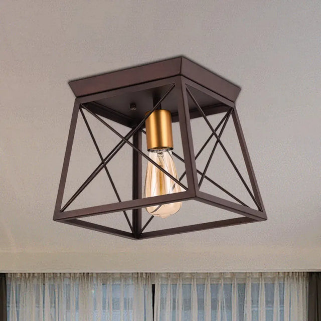 Industrial Style Metal Flush Ceiling Light Fixture - 10’/12’ Wide 2 Bulbs Coffee Tone Ideal For