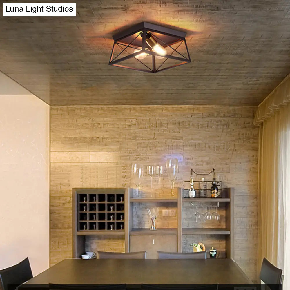 Industrial Style Metal Flush Ceiling Light Fixture - 10’/12’ Wide 2 Bulbs Coffee Tone Ideal For