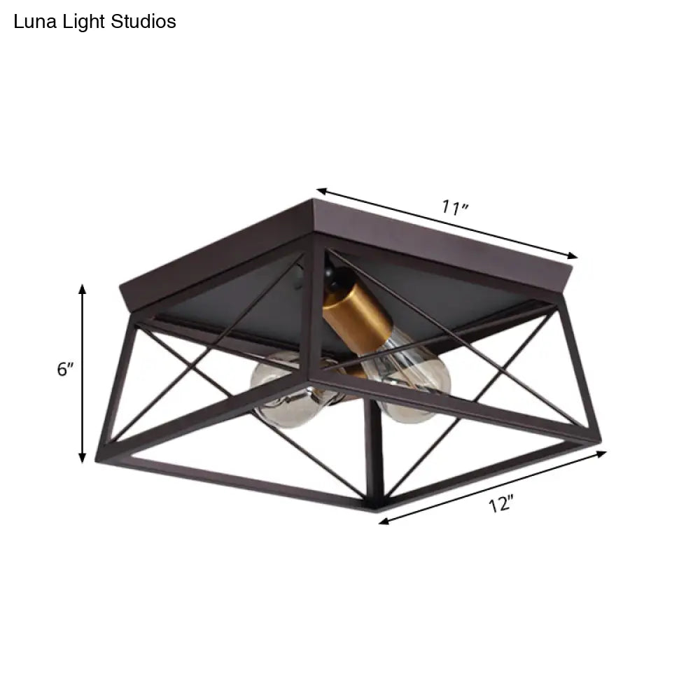Industrial Style Metal Flush Ceiling Light Fixture - 10’/12’ Wide 2 Bulbs Coffee Tone Ideal For