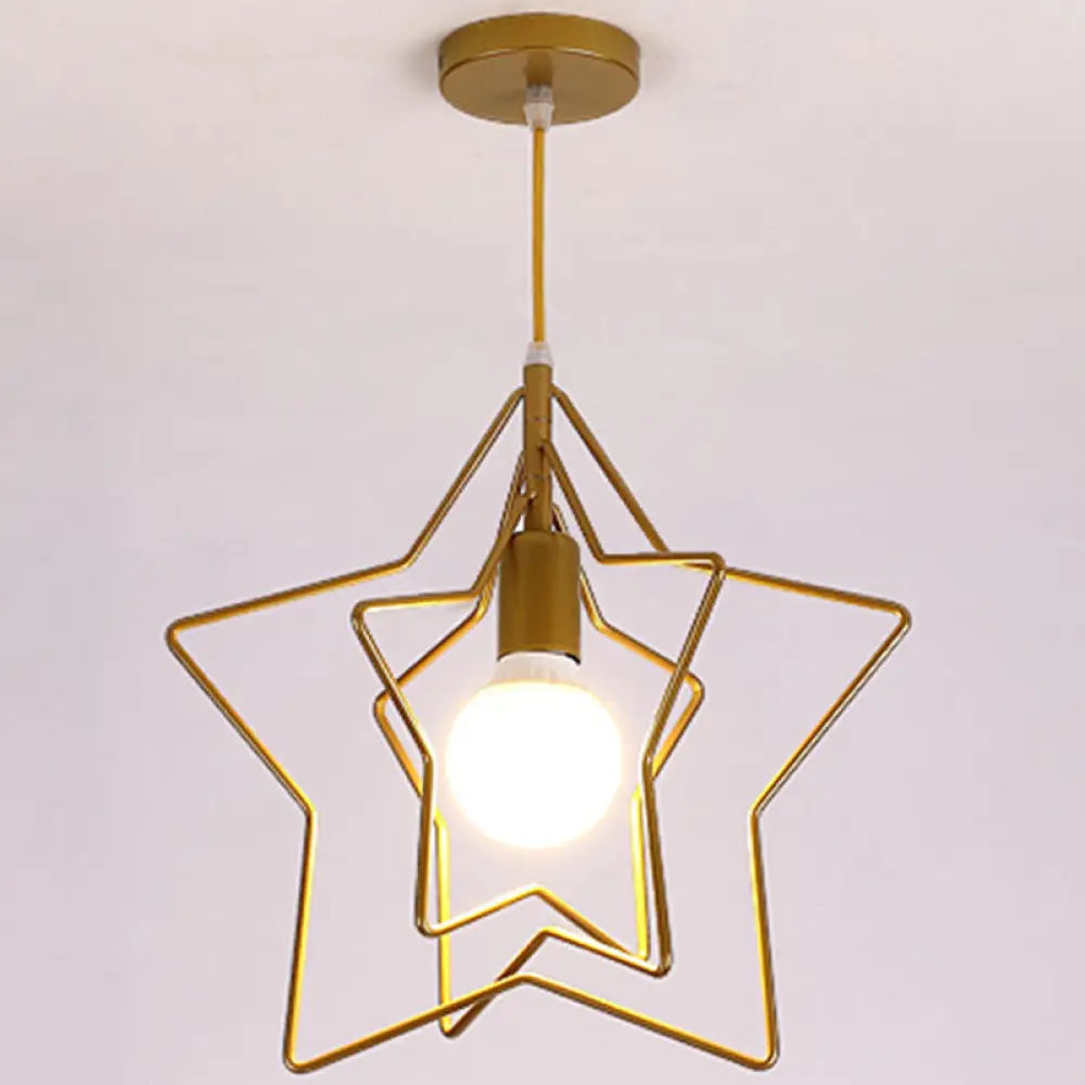 Industrial Style Metal Wire Cage Pendant Light Fixture For Foyer Gold / Star
