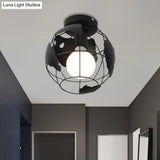Industrial Style Metallic Flush Mount Light With Cage Shade - 1 Head Corridor Ceiling In Black/Red