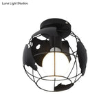 Industrial Style Metallic Flush Mount Light With Cage Shade - 1 Head Corridor Ceiling In Black/Red