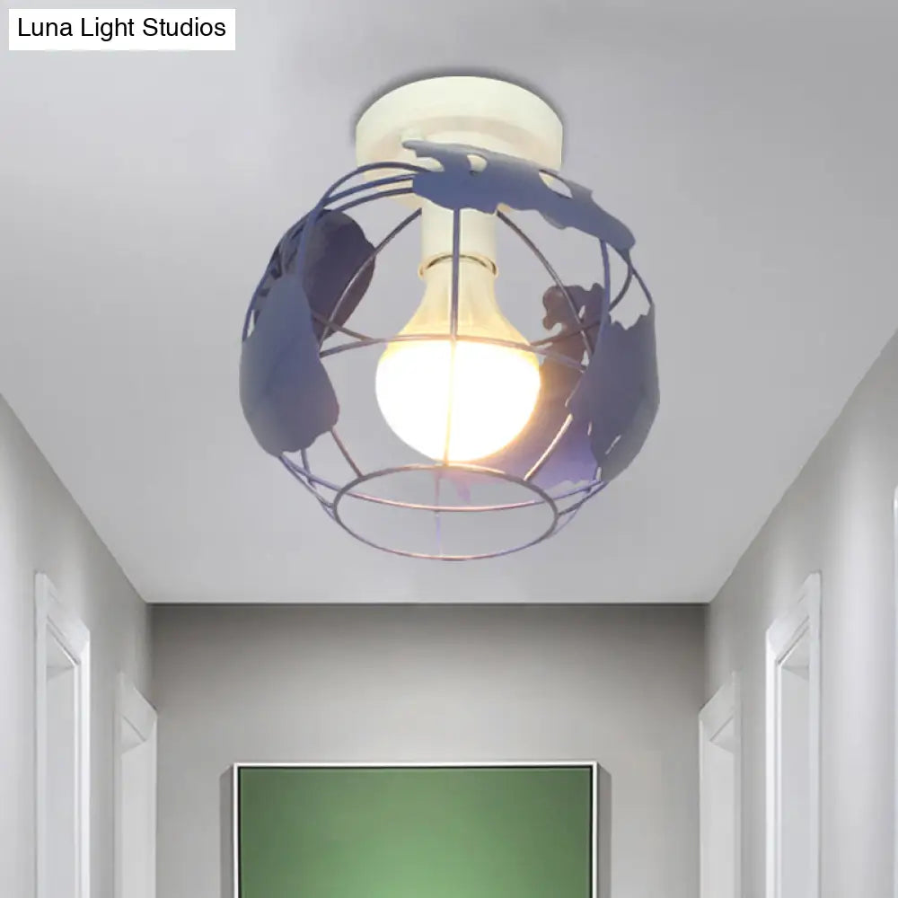 Industrial Style Metallic Flush Mount Light With Cage Shade - 1 Head Corridor Ceiling In Black/Red