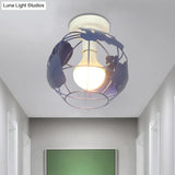 Industrial Style Metallic Flush Mount Light With Cage Shade - 1 Head Corridor Ceiling In Black/Red