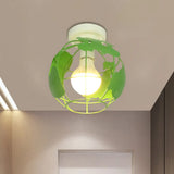 Industrial Style Metallic Flush Mount Light With Cage Shade - 1 Head Corridor Ceiling In Black/Red