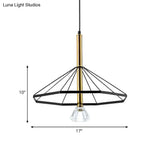 Industrial Style Pendant Lamp With Caged Metal And Clear Crystal Shade Black Finish