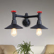 Industrial Style Sconce Light With Cone Shade Valve Wheel And Pipe In Black (2 Bulbs)