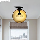 Industrial Style Semi-Flush Ceiling Light With Globe Shade In Red/Brown/Blue Glass For Dining Room