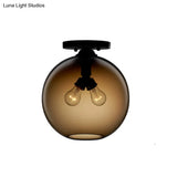 Industrial Style Semi-Flush Ceiling Light With Globe Shade In Red/Brown/Blue Glass For Dining Room