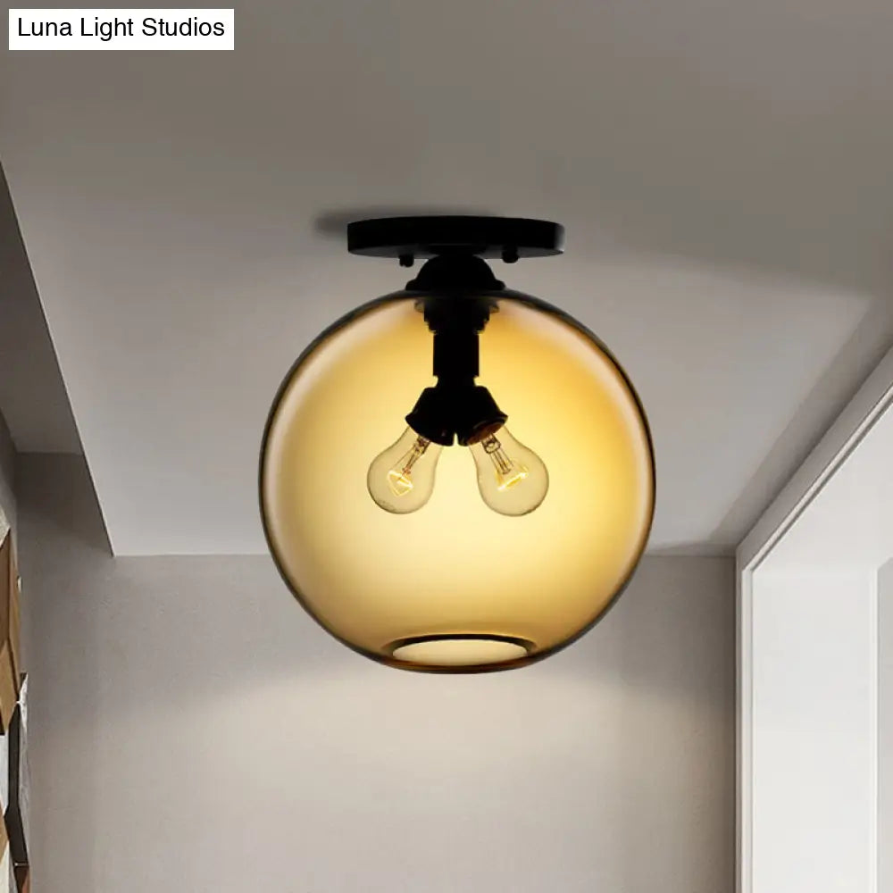 Industrial Style Semi-Flush Ceiling Light With Globe Shade In Red/Brown/Blue Glass For Dining Room