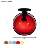 Industrial Style Semi-Flush Ceiling Light With Globe Shade In Red/Brown/Blue Glass For Dining Room