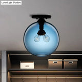 Industrial Style Semi-Flush Ceiling Light With Globe Shade In Red/Brown/Blue Glass For Dining Room