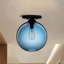 Industrial Style Semi-Flush Ceiling Light With Globe Shade In Red/Brown/Blue Glass For Dining Room