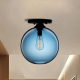 Industrial Style Semi-Flush Ceiling Light With Globe Shade In Red/Brown/Blue Glass For Dining Room