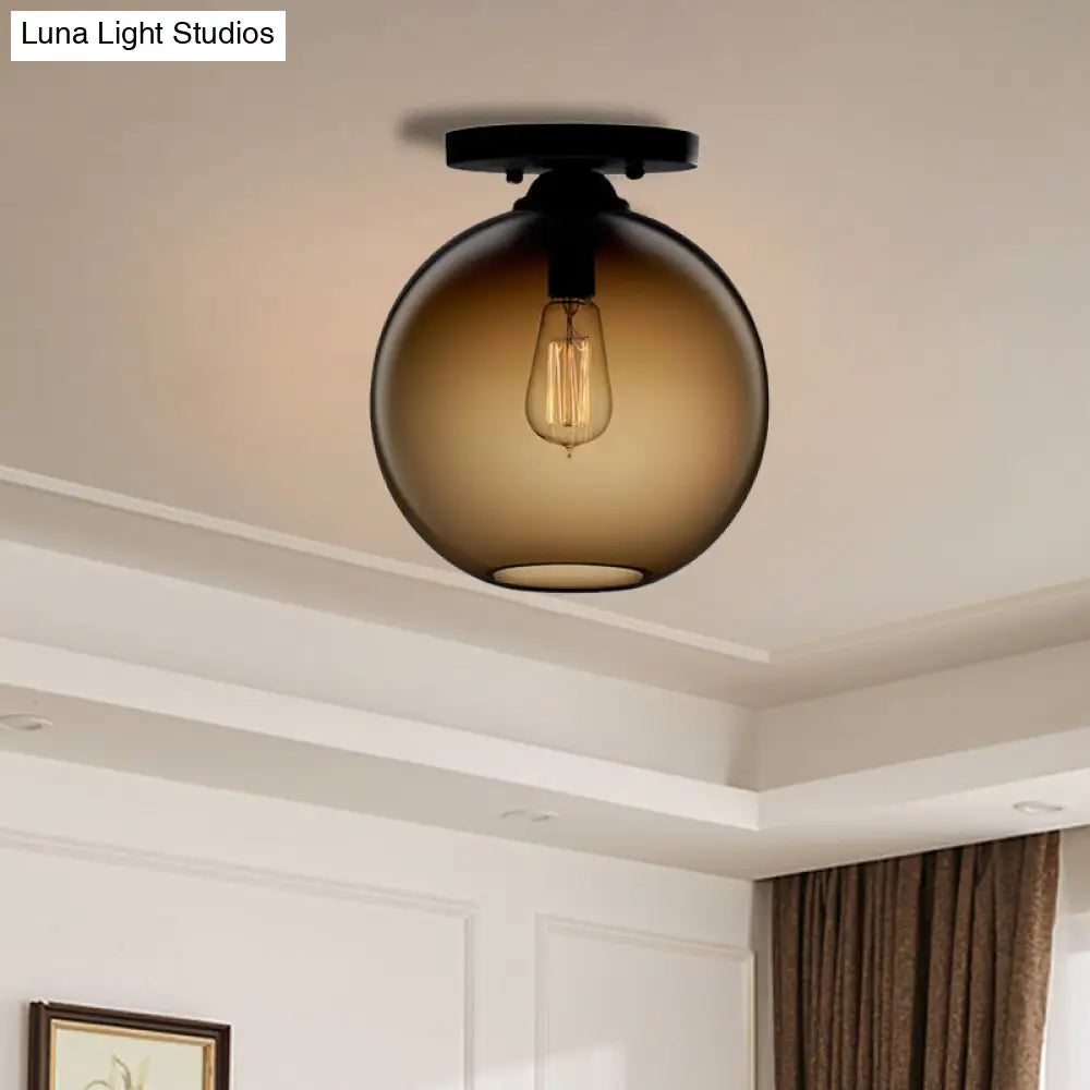 Industrial Style Semi-Flush Ceiling Light With Globe Shade In Red/Brown/Blue Glass For Dining Room