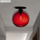 Industrial Style Semi-Flush Ceiling Light With Globe Shade In Red/Brown/Blue Glass For Dining Room