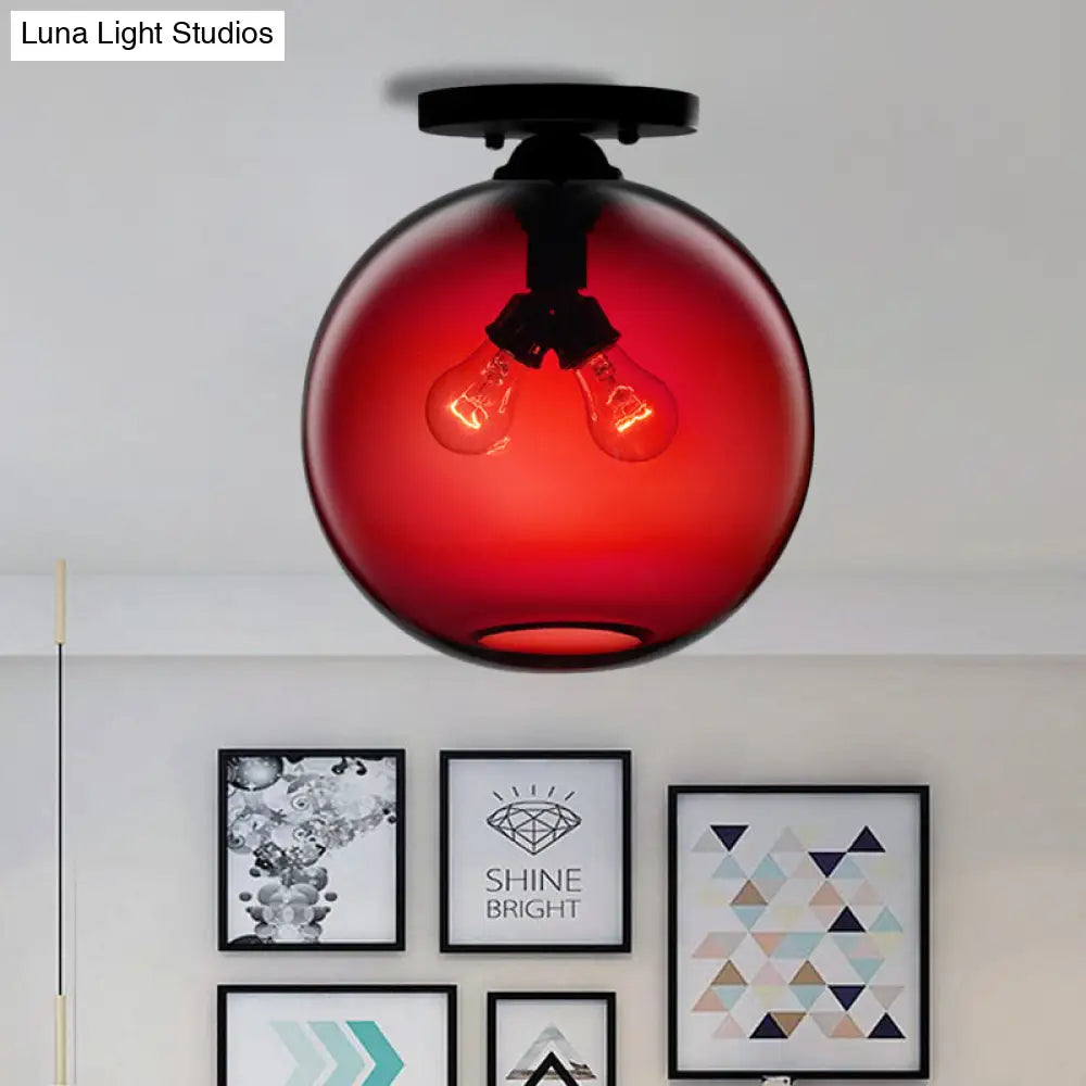 Industrial Style Semi-Flush Ceiling Light With Globe Shade In Red/Brown/Blue Glass For Dining Room
