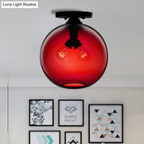 Industrial Style Semi-Flush Ceiling Light With Globe Shade In Red/Brown/Blue Glass For Dining Room
