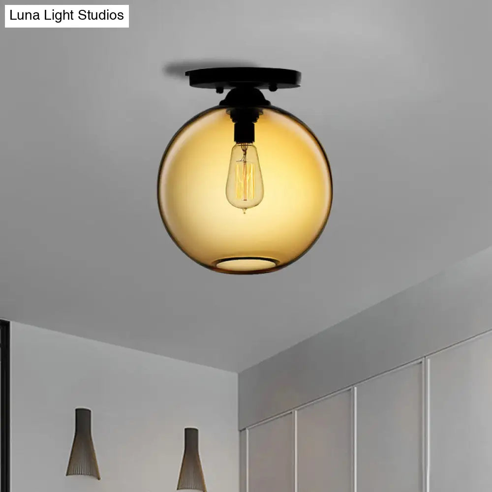 Industrial Style Semi-Flush Ceiling Light With Globe Shade In Red/Brown/Blue Glass For Dining Room