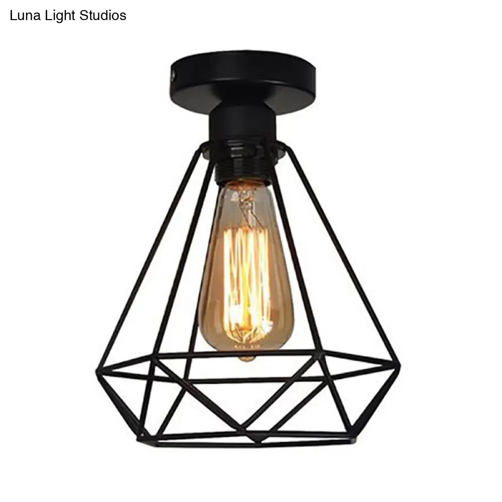 Industrial Style Single Head Iron Semi Flush Mount Ceiling Light - Black Cage Diamond Accent For