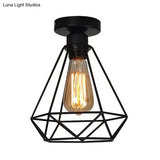 Industrial Style Single Head Iron Semi Flush Mount Ceiling Light - Black Cage Diamond Accent For